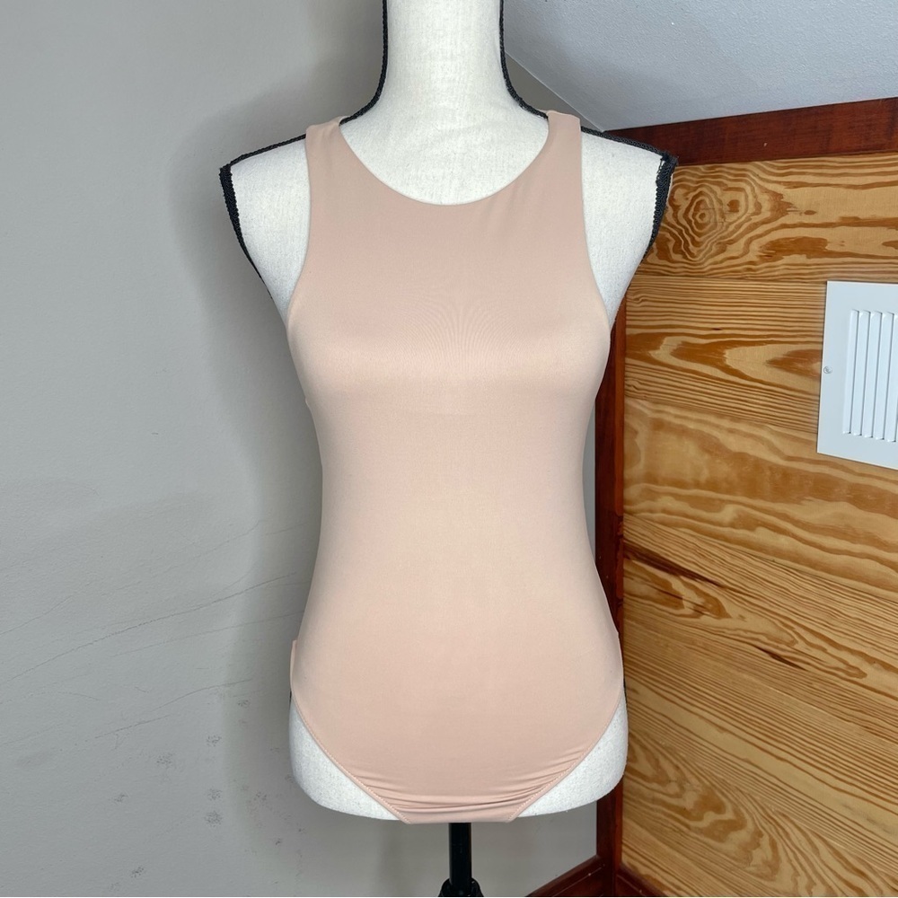 Zara Nude Beige Tan Sleeveless Snap Bottom High Neck Bodysuit Small